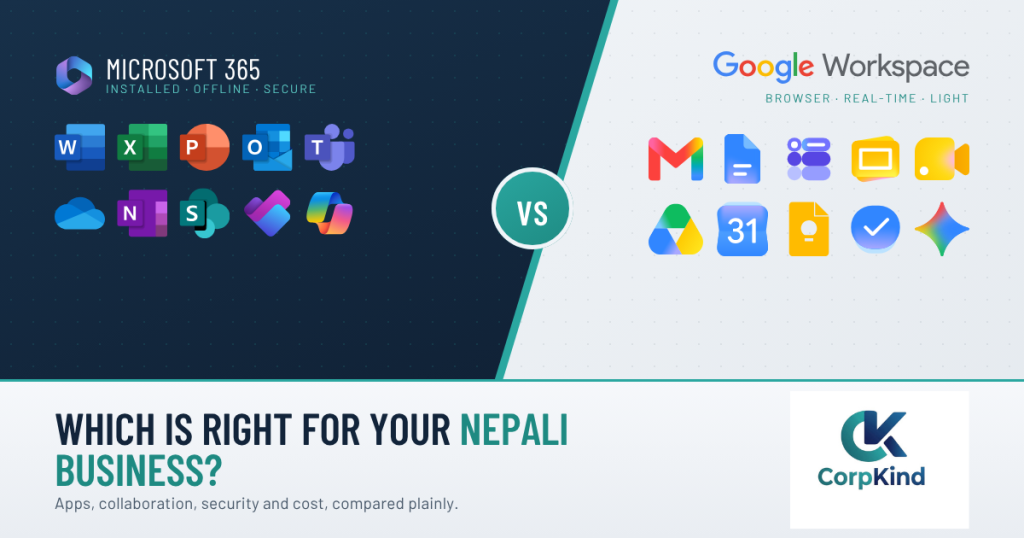Microsoft 365 vs Google Workspace comparison for businesses in Nepal, by CorpKind Tech